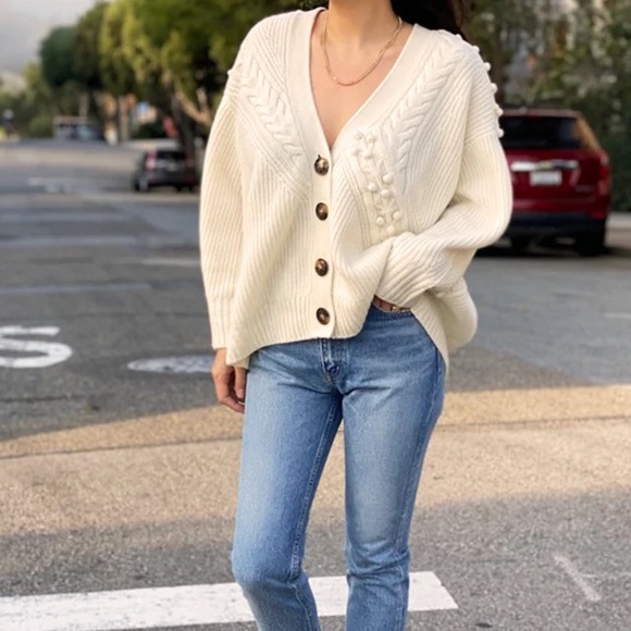 Loulou Studio Asinara Wool Cashmere Pom Pom Cardigan in Ivory